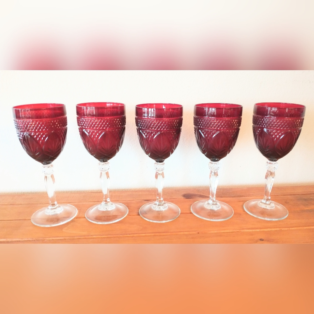 5 VINTAGE RUBY RED Wine Goblets Cristal D'Arques Durand Wine Water Glasses